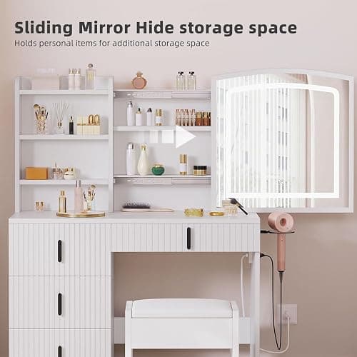 YITAHOME Fluted Vanity Desk with Mirror and Light, Big Vanity Set with Power Outlet, Hidden Jewelry Storage, Makeup Desk with 4 Drawers, Dressing Table with Soft Stool, 3 Lighting Color Modes, White thumbnail 5