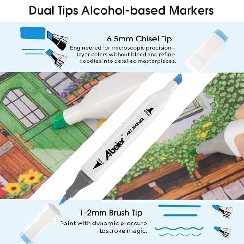 ABEIER 100 Colours Alcohol Brush Markers Double Tipped Brush & Chisel Tip Sketch Pens, Brush Marker Pens Artist Art Markers for Adult Coloring and Illustration thumbnail 3