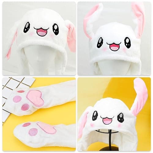 GWAWG Funny Plush Bunny Hat Ear Moving Jumping Rabbit Cute Animal Flap Cap Stitch Hat for Women Girls Children Party Holiday Halloween Easter Christmas Birthday Dressup Cosplay Costume Gift - White thumbnail 5