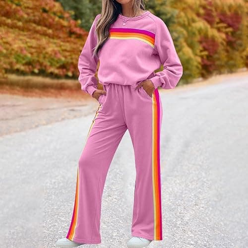 Womens 2 Piece Sets Rainbow Striped Pullover Sweatshirt High Waist Sweatpants Color Blocked Suit Lounge Matching Sweatsuit thumbnail 2