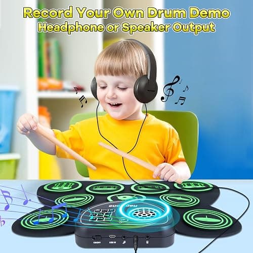 Ragstone Electronic Drum Set, Roll Up Drum Practice Kids Drum Set with Dual Stereo Speaker, MIDI, Foot Pedals, Drum Sticks, Ideal Electric Drumset Toy Gifts (Green (Dual Speaker)) thumbnail 4
