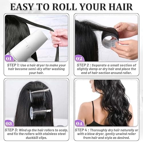 Big Self-Grip Hair Curlers Rollers with Stainless Steel Duckbill Clips for Long, Medium, Thick Hair and Bangs Volume (Black) thumbnail 5