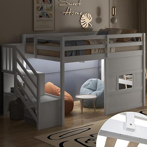 Twin Size Loft Bed with Storage Staircase and Window, Solid Wood Low Loft Bed Frame with LED Light, Full-Length Guardrails and Slats, Space-Saving Kids Bed, No Box Spring Needed, White Finish thumbnail 3