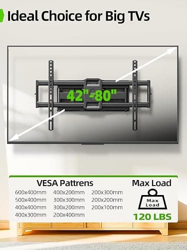 USX MOUNT Full Motion TV Mount for 42-80 Inch Flat Screen TVs up to 120 lbs, Swivel TV Wall Mount Bracket Dual Articulating Arms, Tool-Free Tilt Max Vesa 600x400mm, for 8-16 in Wood Studs thumbnail 3