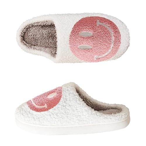 Smile Face Slippers for Women Happy face slippers Retro Soft Plush Warm Slip-on Slippers, Cozy Indoor Outdoor Slippers - 8.5-9.5 Women/7.5-8.5 Men - Pink thumbnail 4
