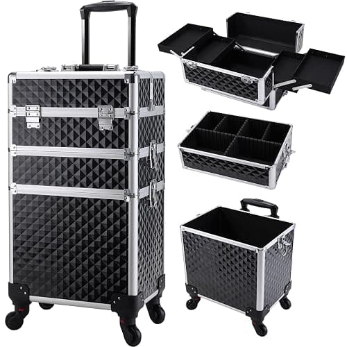 FRENESSA 3 in 1 Rolling Makeup Train Case Professional Cosmetic Trolley Large Storage with Keys Swivel Wheels Salon Barber Case Traveling Cart Trunk for Make Up Hairstylists Nail Tech, Vintage Black - Image 1