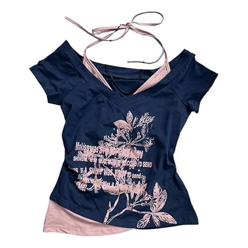 Y2k Baby Tee Women Crop Top Summer 2025 Streetwear 2000s Goth Emo Grunge Shirts Fake 2 Piece Grahpic Tees - Image 1