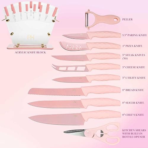 Paris Hilton Knife Block Set with Fan Style Clear Acrylic Knife Block, Premium Stainless Steel Blades with Nonstick Coating, Comfort Grip Handles, 16-Piece Set, Pink and Gold thumbnail 4
