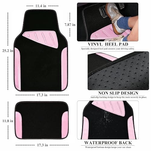 CAR PASS Jelly Waterproof Universal Fit Car Floor Mats, Girly Car Carpet Mats with Anti-Slip Nibbs Backing & Driver Heel Pad Fit for SUV, Vans, sedans, Cute car mats of 4pcs for Women (Pink) thumbnail 2