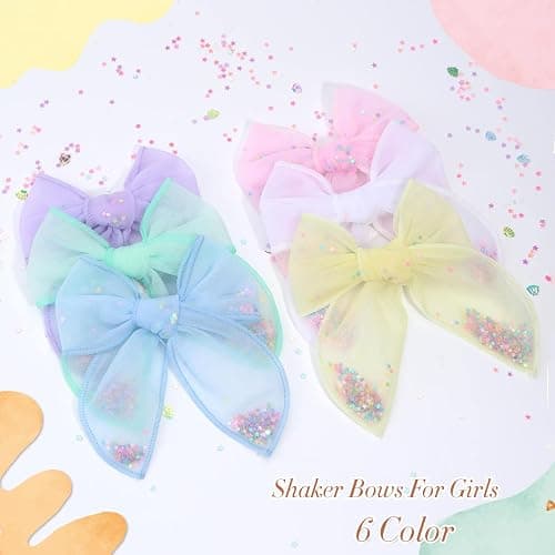 6 PCS Tulle Hair Bows for Girls, CN Toddler Bows with Glitter Star Alligator, Colorful Hair Barrettes Wedding Hair Accessories for Baby Girls Infants Toddler Teens Party (Type A) thumbnail 4