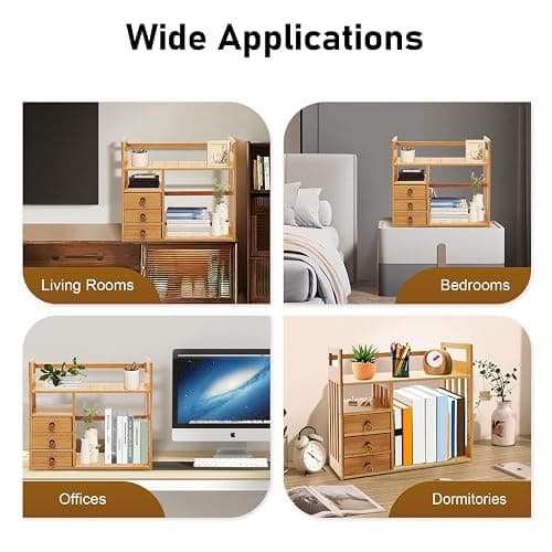 Veruopes Bamboo Desk Shelves with 3 Drawers Office Desktop Storage Rack Desk Top Document Storage Organizer Rectangular Desktop File Holder Open Design for Office Home School 19.7 * 7.5 * 17.7in thumbnail 6