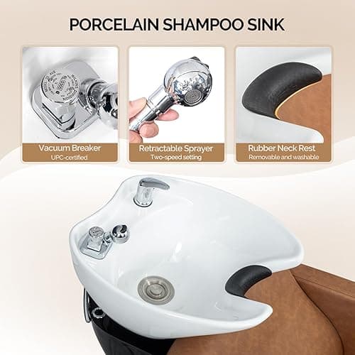 OmySalon Salon Shampoo Bowl and Chair, Shampoo Chair Extra Wide Seat & Porcelain Hair Washing Sink, Shampoo Unit for Beauty Spa Barbershop, Brown thumbnail 4