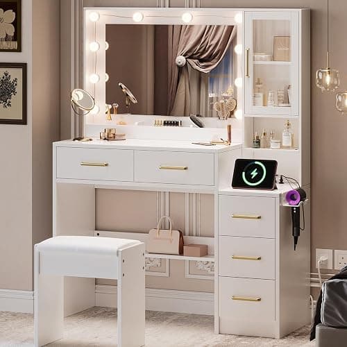 White Vanity Table with Drawer Dresser, Farmhouse Vanity Makeup Desk with Charging Station, Vanity Desk with Lights Mirror & Drawers for Makeup,Vanity Desk with Storage Shelf & 5 Drawers (Gold Handle) thumbnail 5