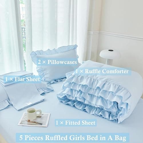 ANGIYUIN Light Blue Ruffle Girls Comforter Set Twin Size 5 Pieces Ruffled Farmhouse Bed in A Bag Solid Boho Bedding Comforter Sets Soft Fluffy Bed Sets for Kids Girl(Light Blue Twin) thumbnail 4