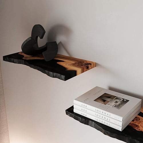 RWA Unique Live Edge Floating Shelf for Wall - Stylish Hanging Shelves for Room Wall Bedroom Bathroom Office Decor, Epoxy and Wood Wall Shelf Plank - Elegant Wall Mounted Shelves (black, 16x6") thumbnail 7