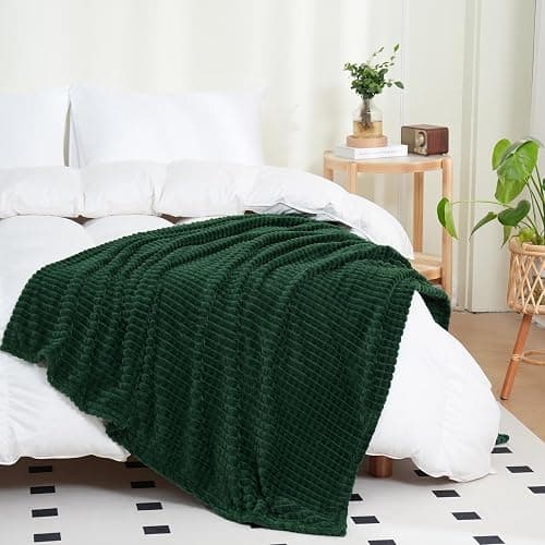 Puncuntex Green Throw Blanket 50"×60" Decorations Fleece Super Soft Plush Fuzzy Cozy Blanket with Square 3D Jacquard Grid Design Luxury Lightweight for Couch Sofa Chair,Dark Forest Green thumbnail 3