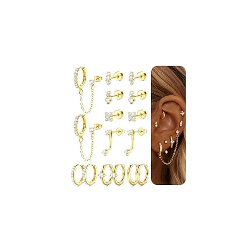 Dochais Hypoallergenic Flatback Stud Hoop 14K Gold Plated Earrings Stacks - Surgical Stainless Steel Earring Set Chain Cartilage Earrings - Small Ear Piercing Flat Back Earring for Women Trendy - Image 1