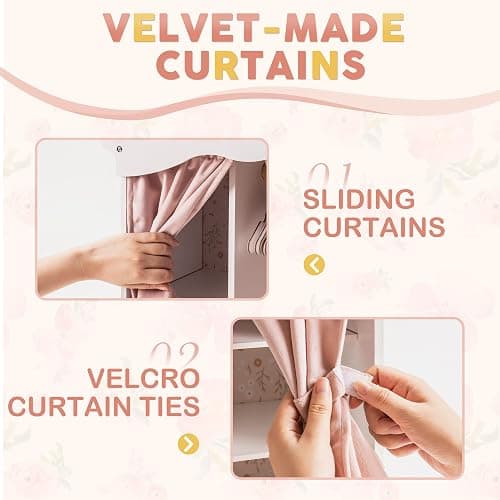 ROBUD Wooden Play Armoire Closet for Dolls, Doll Closet Furniture Wardrobe with 5 Hangers, Mirror, Velvet Curtains, Fit for 16-20in American Girl Doll Clothes, Gift for Boys & Girls, 3+ thumbnail 6