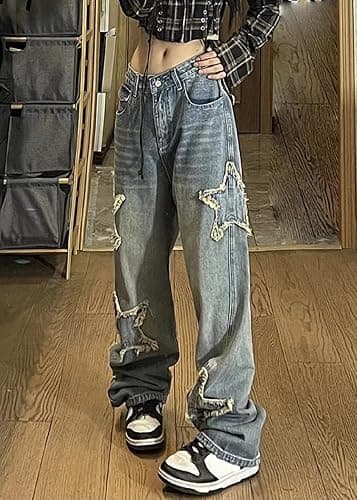 AULKEEP Womens Star Print Gradient Jeans Loose Ripped Graphic Pants Punk High Waist Bottom Jeans with Pocket thumbnail 3
