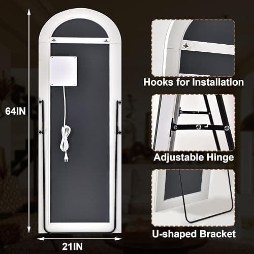 GLSLAND Arched LED Full Length Mirror 64" x 21" Full Body Mirror with Stand Wall Mounted Hanging Mirror with Lights Free Standing Floor Mirror for Bedroom thumbnail 2