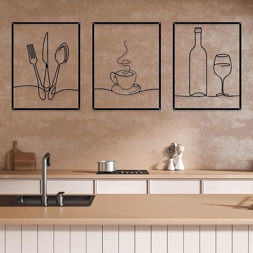 Otoolling 3 Pieces Metal Minimalist Line Kitchen Signs Wall Decor Drawing Rustic Kitchen Wall Art for Dining Living Room Home, 14 x 11 Inches(Dining Room,Black) thumbnail 4