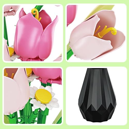 Flower Bouquet Building Sets, Tulips Botanical Collection, DIY Artificial Flower with vase for Adults Women Girl Kids, Pink Chrismas Home Decor Gifts for Mother's Day, Birthday, Easter(223 pcs) thumbnail 4