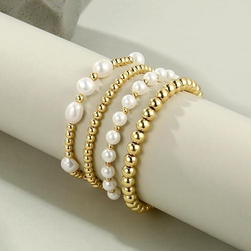 Gold Beaded Bracelets for Women Baroque Pearl Stackable14K Gold Plated Stretch Bead Ball Bracelet Jewelry Gifts thumbnail 7