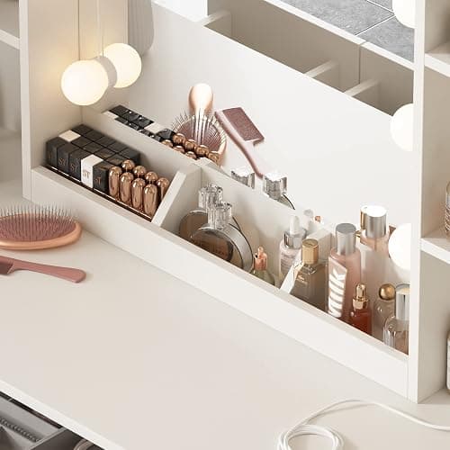 Vabches Makeup Vanity Table with Lighted Mirror & Power Strip, Large Vanity Set Vanity Desk with Storage Stool, 3 Lighting Modes, Brightness Adjustable, 45.2in(L) thumbnail 10