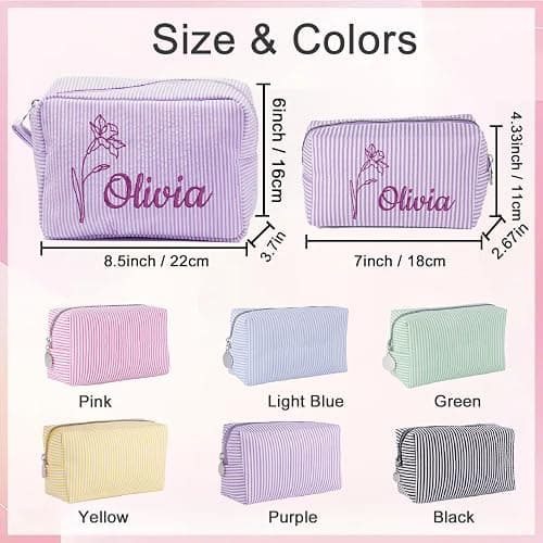 Ajiangwu Personalized Seersucker Makeup Bag with Embroidered Name,Custom Small Cosmetic Bag Travel Toiletry Bag Birthday Christmas Gifts for Teen Girls Daughter (2-Makeup Bag with Birth Flower) thumbnail 4