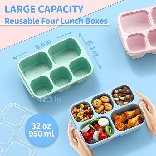 Bento Box Adult Lunch Box - 4 Pack, 5 - Compartment Meal Prep Container for Kids, Reusable Food Storage Snack Containers - Stackable for School, Work, and Travel (Wheat(Green/Blue/Pink/Beige)) thumbnail 3