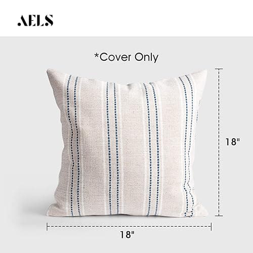 AELS 18x18 Decorative Farmhouse Linen Throw Pillow Covers, Boho Textured Pillow Case, Set of 2,Beige with White & Navy Blue Stitch Yarn Dyed Stripe Cushion Cover for Sofa Couch Living Room(Cover ONLY) - Beige With White & Navy Blue - 18" x 18" (Pack of 2) thumbnail 2