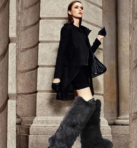 YXCFEWD Faux Fur Boots for Women Winter Knee High Furry Boots Fuzzy Fluffy for Girls Flat Snow Long Boots thumbnail 2