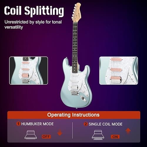 AODSK Electric Guitar, 39" Beginner Electric Guitar Kit, Matte Finish, HSS Pickups, Guitar Starter Kit with AMP, Includes Digital Tuner, Strings, Pick, Vibrato Bar, Capo, Strap, Gig Bag, Blue thumbnail 6