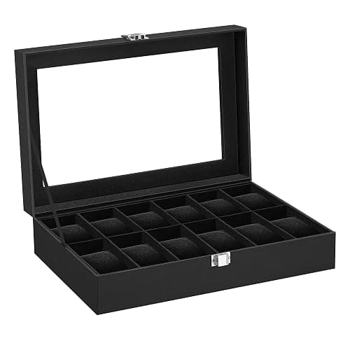 SONGMICS Watch Box, 12-Slot Watch Case with Large Glass Lid, Removable Watch Pillows, Watch Box Organizer, Gift for Loved Ones, Black Synthetic Leather, Christmas Gift, Black Lining UJWB012B01 thumbnail 8