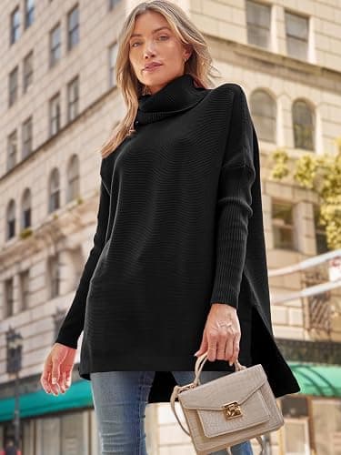 LILLUSORY Women's Turtleneck Oversized Sweaters Long Batwing Sleeve Spilt Hem Tunic Pullover Knit Tops thumbnail 5