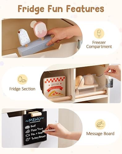ROBOTIME Wooden Toy Fridge for Kids, Realistic Play Fridge with Freezer, Blackboard, Egg & Ice Cream Accessories, Spacious Storage Play Refrigerator for Kids, Perfect Play Kitchen Pretend Kitchen Toy thumbnail 4
