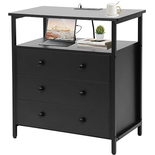Edbuosy 3 Wooden Drawers Night Stand, 27 Inch Wide Nightstand with Charging Station and Adjustable Drawers, Small Dresser for Closet, Bedside Table for Living Room/Bedroom/Office - Image 1