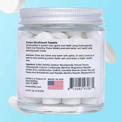 ECOFAM Peppermint Mouthwash Tablets - Chewable Tablet for Fresh Breath Fluoride Free Alcohol Free Travel Size Mouthwash - 90 Tablets thumbnail 6