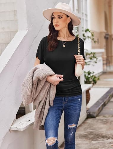 Misakia Womens Ruched Tops Casual T Shirts Dolman Short Sleeve Shirts Boat Neck Summer Off Shoulder Batwing Tops 2025 thumbnail 5