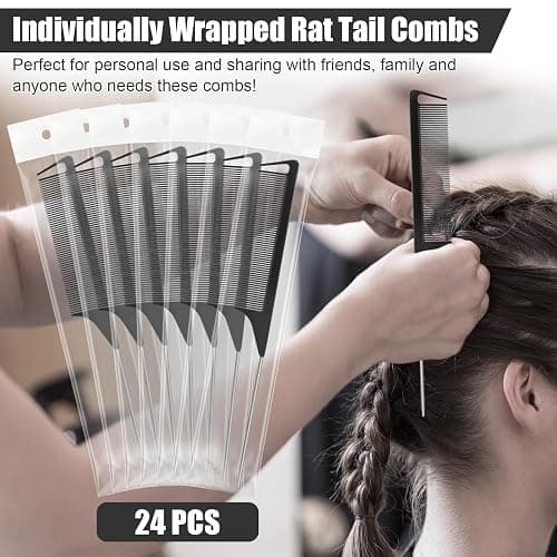 NICEMOVIC Rat Tail Parting RatTail Braiding Comb for Women 24 Pack, Hair Parting Tools Rat Tooth Combs Bulk, Individually Wrapped Braider Essentials Barber Supplies for Hair Stylist (Black) thumbnail 6
