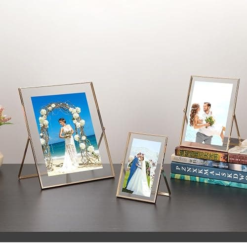 Gold 8x10'' Floating Frame Set of 2,For Photo Sizes( 5x7'',6x8'',7x9''),Beautiful Metal Beaded Edge Frames Adjustable Tabletop/Shelf Photo Frame,Classy Gift Choice for Wedding thumbnail 4