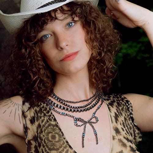 4pcs Western Navajo Pearl Stackble Necklace Jewelry For Women Beaded Chain Bow Pendant Boho Handmade Long Layered Country Concert Necklace Set thumbnail 3