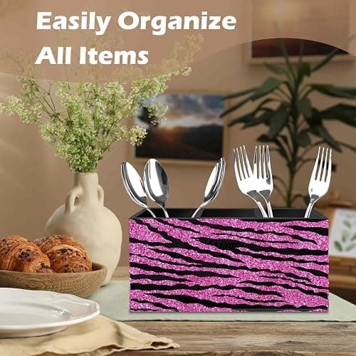 DILSJ Hot Pink Zebra Print Pen Pencil Holder Organizer for Desk, Mcbling Room Decor, Y2k Decor Mcbling Wooden Box Signs for Home Office Desk Tabletop Decoration thumbnail 3