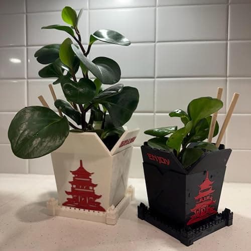 Plant Pot for Indoor Plants, Chinese Take Out Box White Whit Two Chopsticks (Free) 3D Printed -Plastic -Unique Planter for Indoor with Drainage Hole- Made in USA (White) thumbnail 5