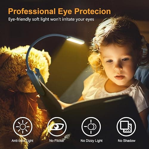 Gritin 9 LED Rechargeable Book Light for Reading in Bed - Eye Caring 3 Color Temperatures,Stepless Dimming Brightness,80 Hrs Runtime Small Lightweight Clip On Book Reading Light-Pacific Blue thumbnail 2