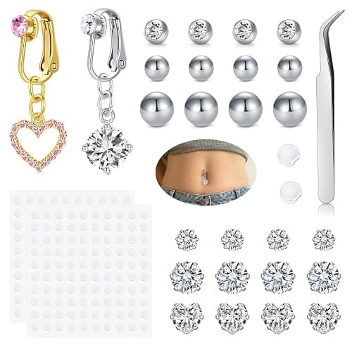 QWALIT Gold Fake Belly Piercing Cubic Zircon Butterfly Clip on Belly Button Rings Stick on Navel Ring Studsnon Piercing Fake Piercing Jewelry Pink Heart Silver Sticky Balls no Pierced - Image 1