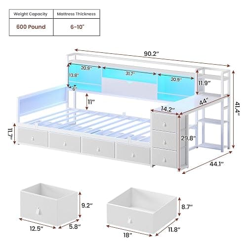 ADORNEVE Twin Corner Bed Frame with 7 Drawers, Desk & Bookcase Storage, Metal Platform Daybed with Charging Station and RGB Lights, for Kids Bedroom, No Box Spring Needed, White thumbnail 7