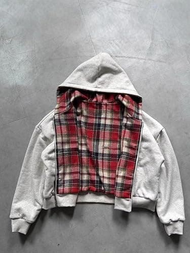 yssgtt Herren Hoodie mit Reißverschluss Reversible Karierte Jacke Y2K Kapuzenpulli Kapuzenjacke thumbnail 4