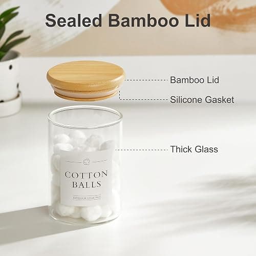 INIUNIK 3 Pack Qtip Holder Dispenser - Glass Apothecary Jars with Lids, Cotton Ball Pad Swab Round Holder, Bamboo Bathroom Accessories, Bathroom Organizers Containers Jars Canisters with Lids thumbnail 7