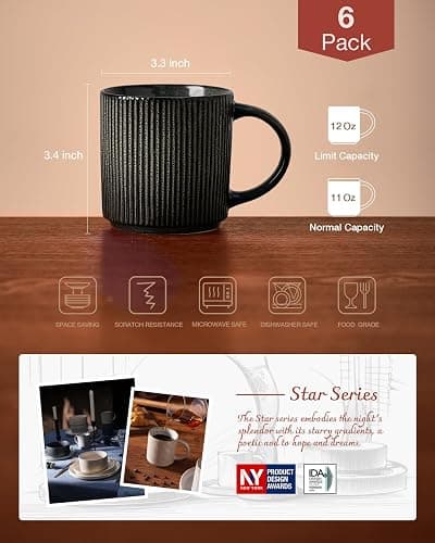 famiware Coffee Mug Set for 6, Star 12 oz Catering Mugs Cup Set with Handle for Coffee, Tea, Cocoa, Milk - Ceramic Stoneware Drinkware Set, Deep Forest thumbnail 5